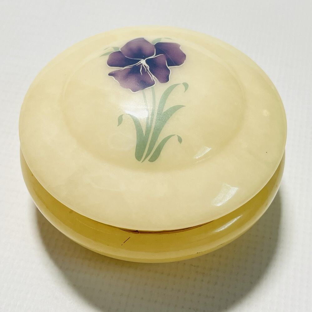 Vintage Italian Alabaster Trinket Box Stone & Brass For Jewelry Made in Italy